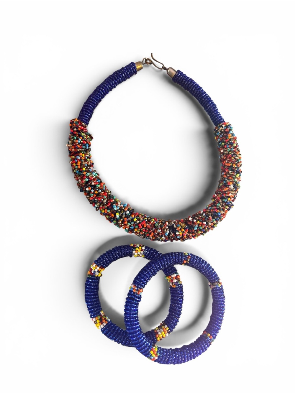 Vintage Multicolor Seed Bead Statement Necklace with Navy Rope Bracelet Set